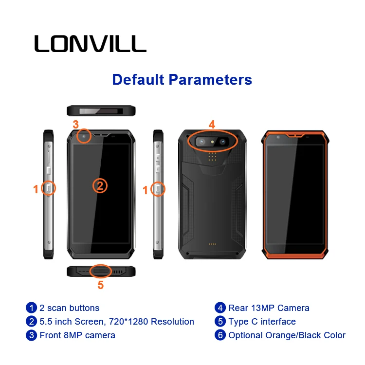 LONVILL 5.5 Inch IPS 720*1280 IP65 Waterproof Mobile Android Pda Optional WiFi GPS 5G Blue Tooth Handheld Terminal