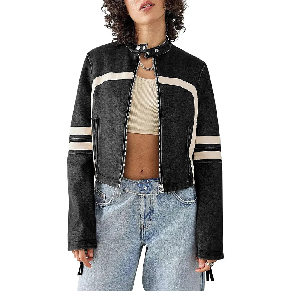 Cool Short PU Leather Jacket Striped Patchwork Motorcycle Style Women's Fashion Outerwear Autumn 2026 New Arrival Street Trend