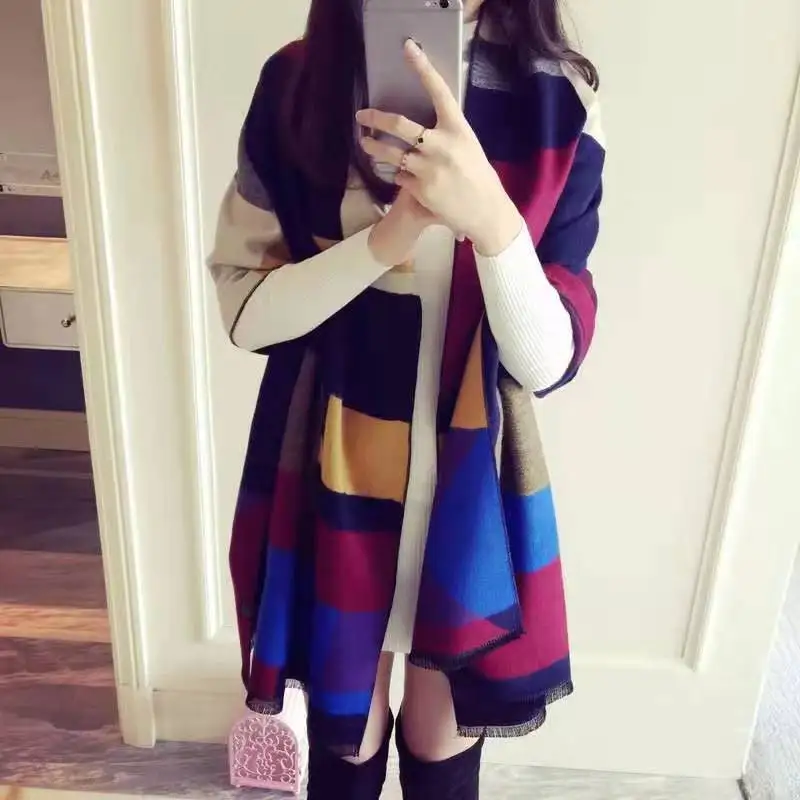 Autumn and Winter Cloak Wool Air Conditioning Large Shawl Thickened Cashmere Warm Student Extended Plaid Double-sided Scarf