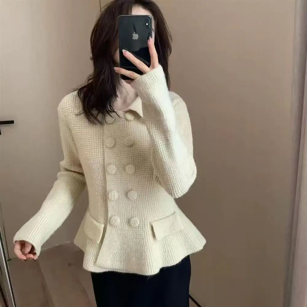 New Year's Premium Women's Knitted Sweater Sparkling Slimming Waist Flip Collar Double Button Autumn Winter Outerwear