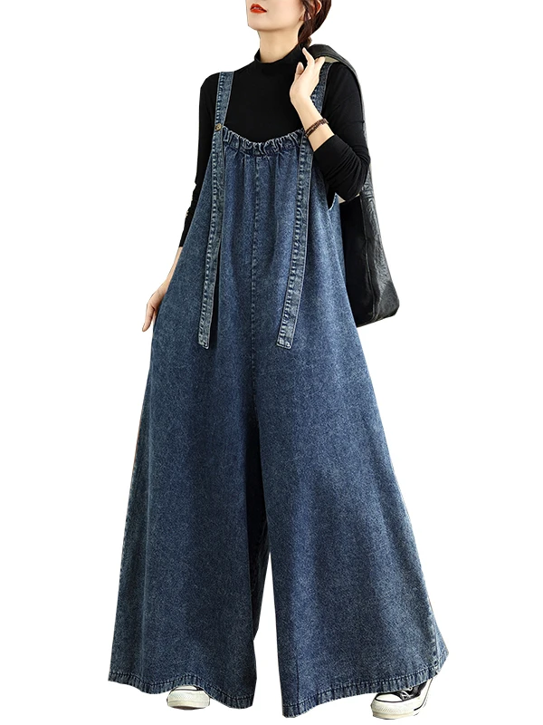 Women's Denim Overalls Wide-leg Pants Spring Autumn Long Length Retro Loose Style Overalls All Seasons Versatile Jeans Jumpsuits