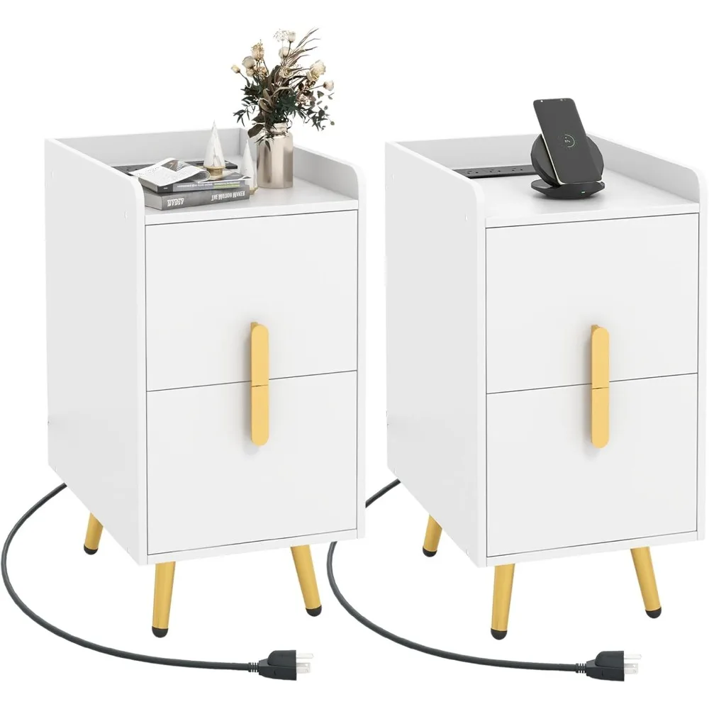 

pair of nightstands with built-in charging stations, slim end table with dual drawers and gold metal legs, compact sofa side tab