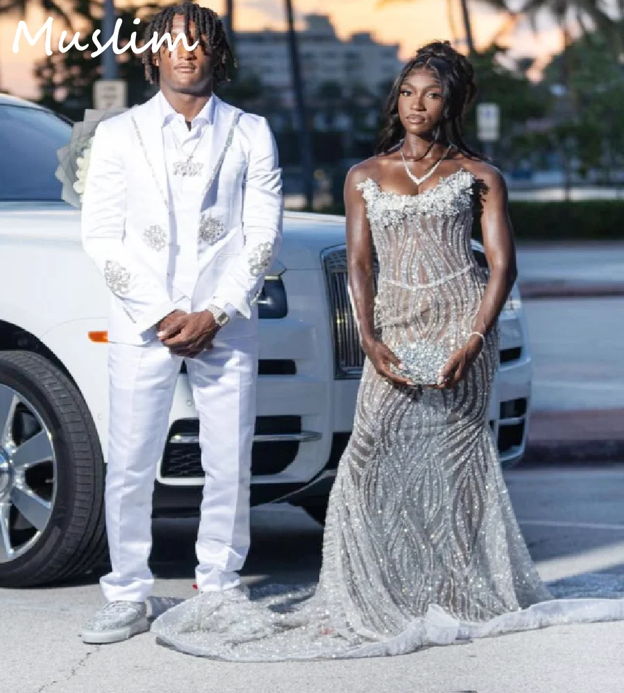 

Sparkly Silver Wave Pattern Sequin Prom Dress 2026 Diamond Mermaid Aso Ebi Evening Gowns With Train Plus Size Formal Graduation