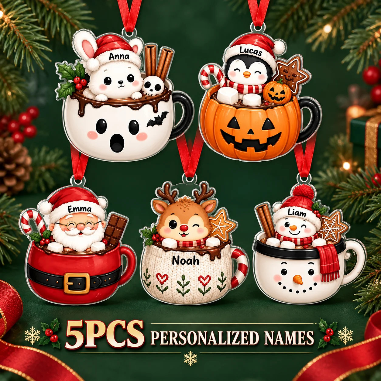 5pcs Custom Name Christmas Mug Ornaments Acrylic Hot Cocoa Cup Tree Decorations For Families Friends Holiday Keepsake Gift Set