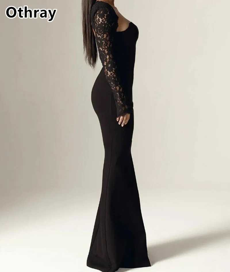 Othray Elegant Black Evening Dresses Lace Long Sleeves Jacket Mermaid Satin Formal Night Party Gowns Met Gala 2025