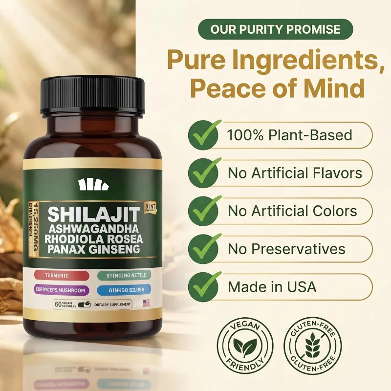 Natural Shilajit Supplement 60 Pills (500mg Each) Containing Over 85 Minerals and Humic Acid - Healthy for Daily Life