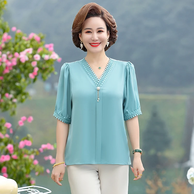 New Women Hollow Out Lace V Neck Chiffon Blouses Fashion Summer Top Short Sleeve Shirt Casual Tops blusas mujer de moda