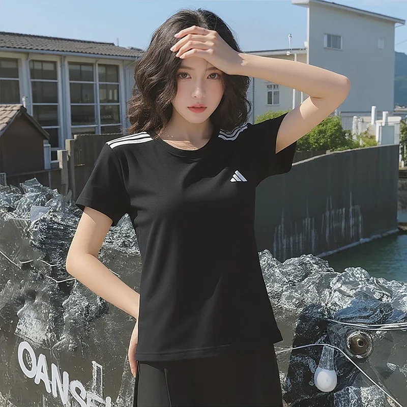 Camiseta Adidas de manga curta para mulheres, novo estilo primavera/verão, preta, roupa esportiva de manga curta ajustada, para corrida KC7639