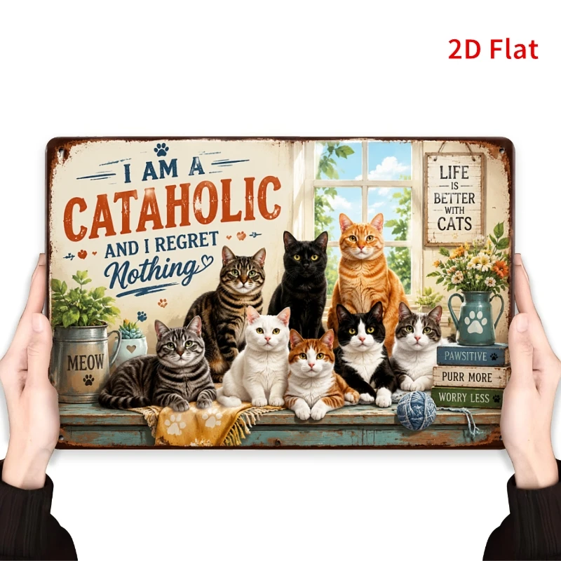 Decorative Sign 2D Flat, [2Dflat], 1pc 11.81X7.87inch- I Am A Cataholic Cat Lover Plaque, Funny Cat Decorative Sign, Vintage Wal