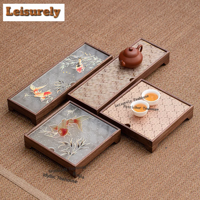 

Walnut Glass Tea Tray Vintage Japanese Cuisine Table Coffee Storage Board Teapot Holder Dishes For Serving Teaset Accessories