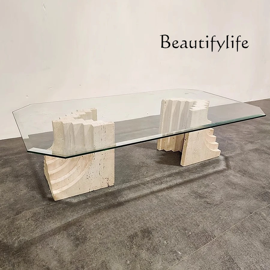 

Modern simple tempered glass coffee table living room designer creative art square natural travertine marble tea table