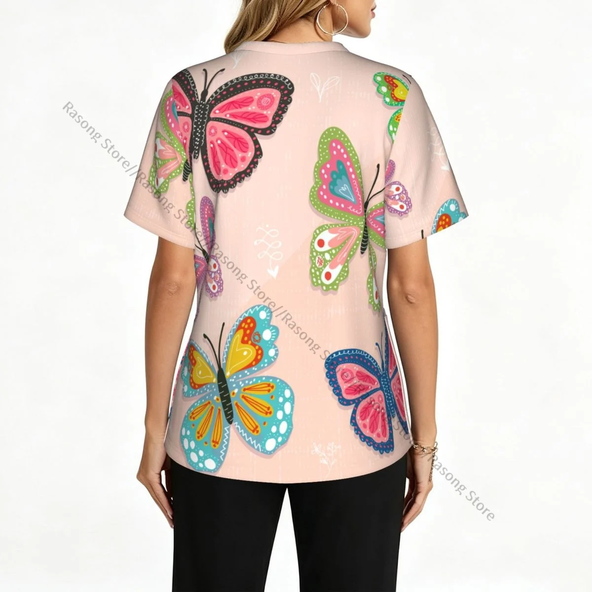 Colorful Flying Butterflies Scrubs tops medical uniforms women V Neck Stretch Scrub Shirt Dentist doctor Blouse
