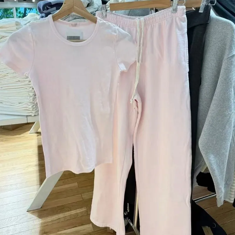 

New Pink Basic Cute T-shirt Pant Sets Women Y2K Casual O-neck Short Sleeve Tee+Straight Sweatpant Sweet Preppy Style 2 Piece Set