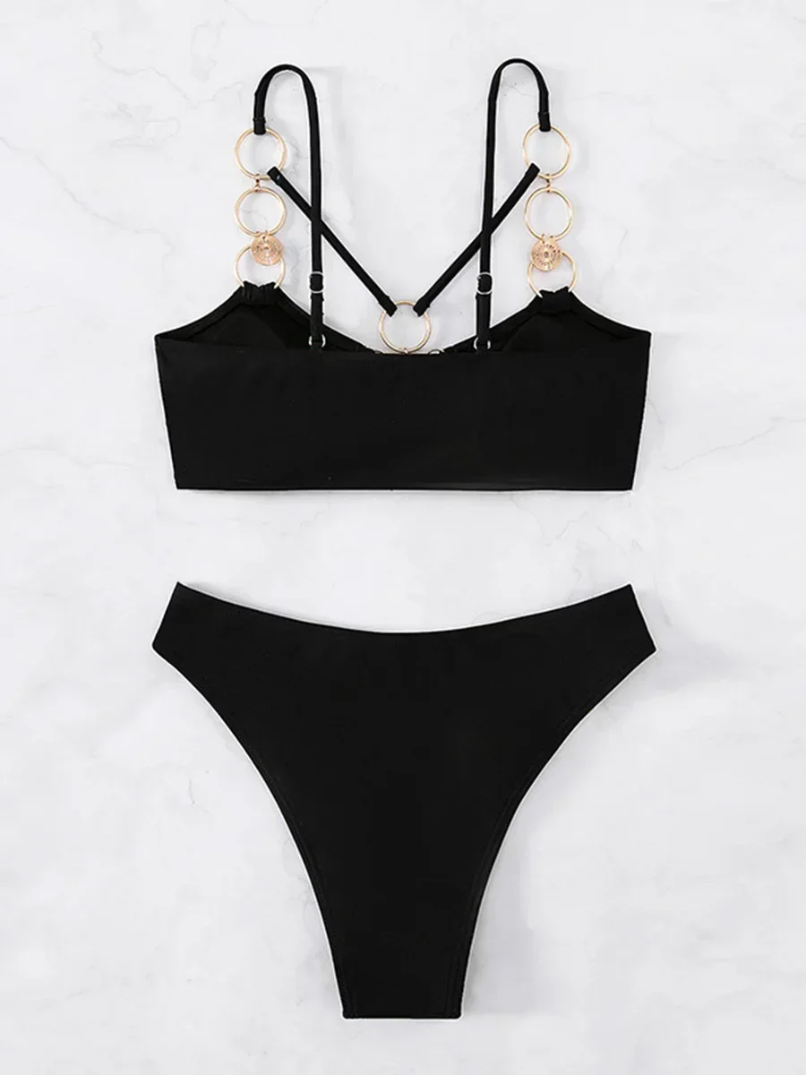 Sexy Metal Rings Hollow Out Bikini Women Swimsuit Female Swimwear Two Pieces Bikini Set High Cut Bather Bathing Suit Swim Lady