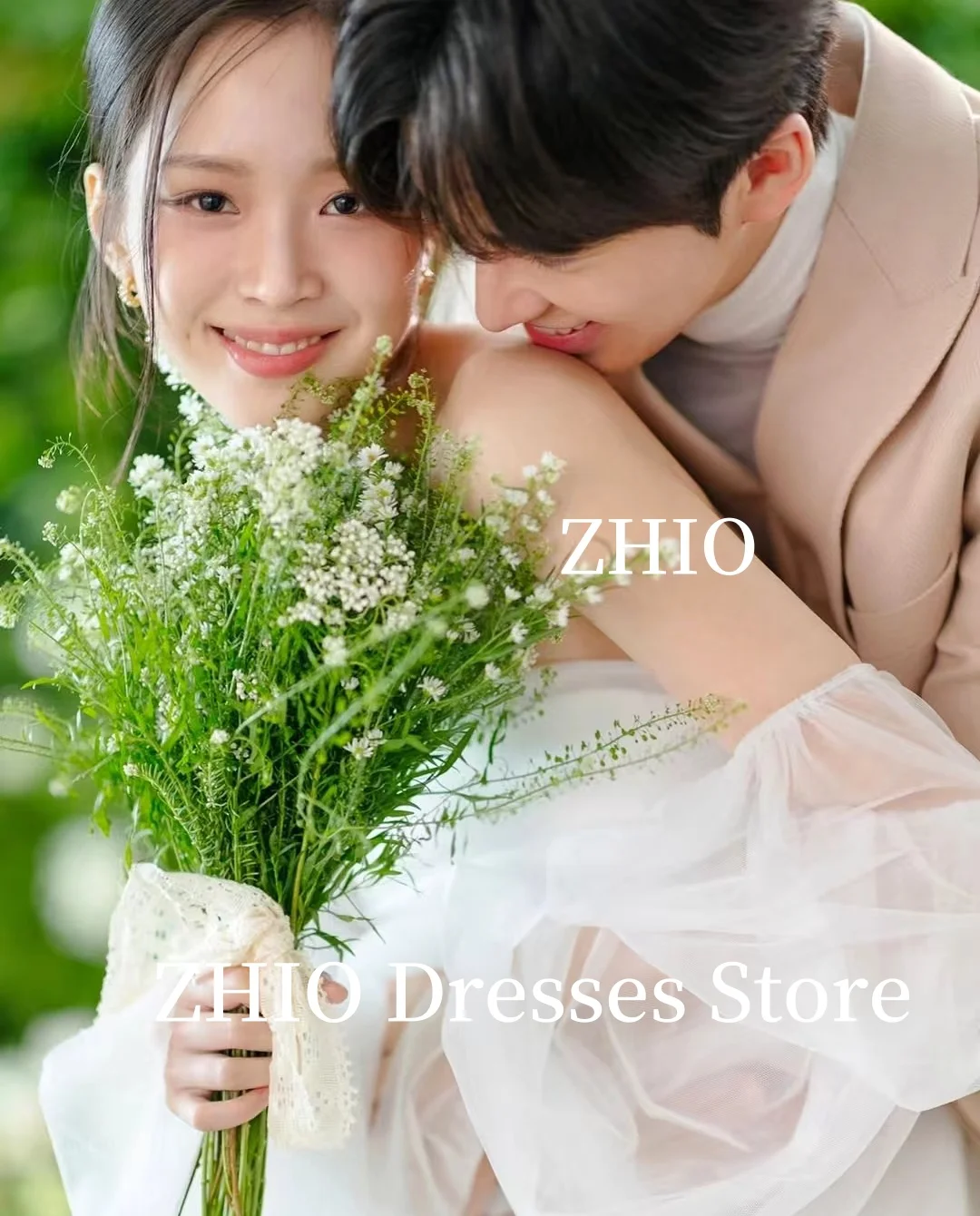 ZHIO Illusion Puff Sleeves Wedding Dress A-Line Off the Shoulder Floor Length Bridal Gown Korea Photo Shoot Customized Elegant