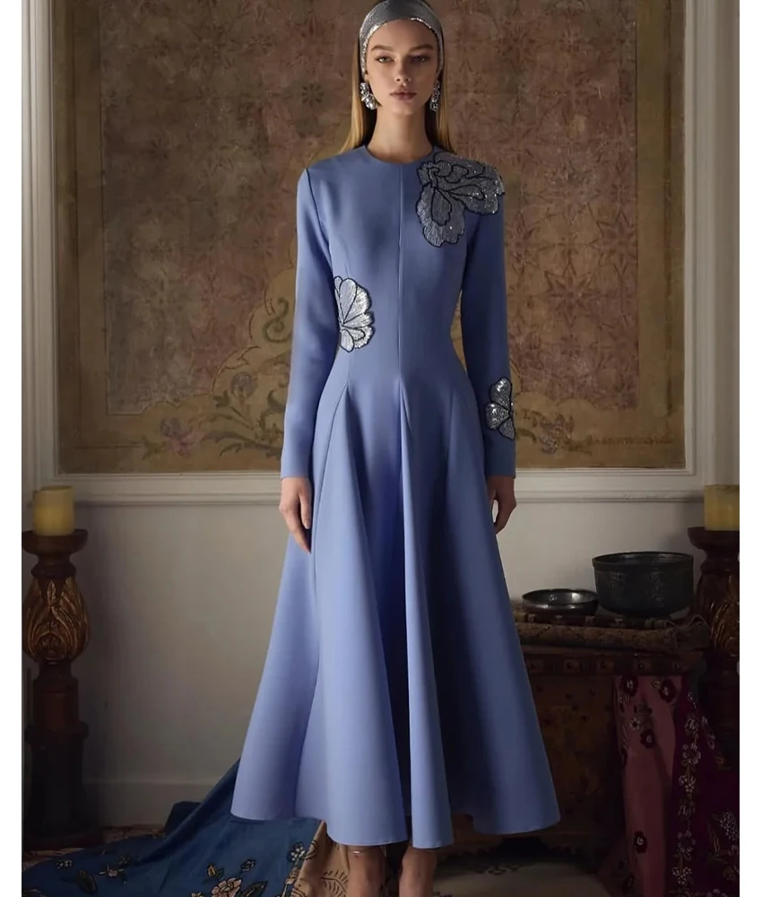 

MCDV Customized Classic Jersey A-Line Sequined Flowers Evening Dress High Quality O-neck Long Sleeves Ankle Length Party Gowns