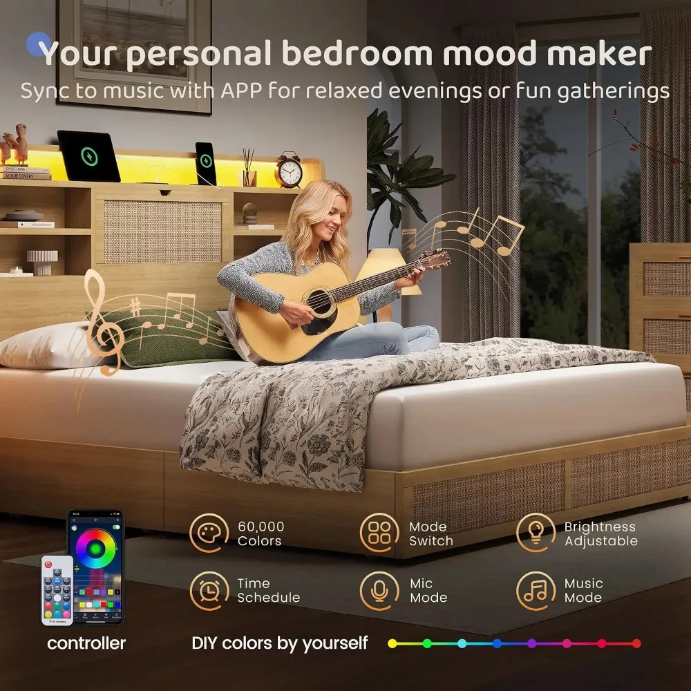 Queen Size Rattan Bed Frame with 4 Storage Drawers and 51.3
