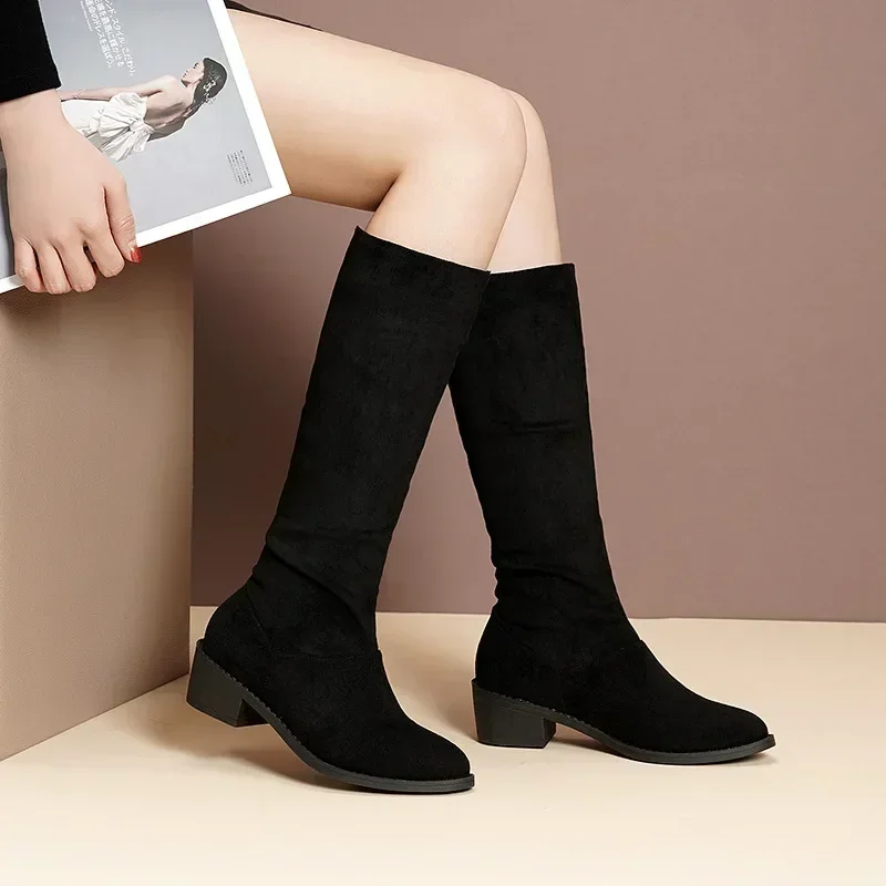 Pointed Toe Pleated Boots Women Black Nude Faux Suede Flock Knee High Boots Ladies Low Chunky Heel Cowboy Boots Plus Size 2024