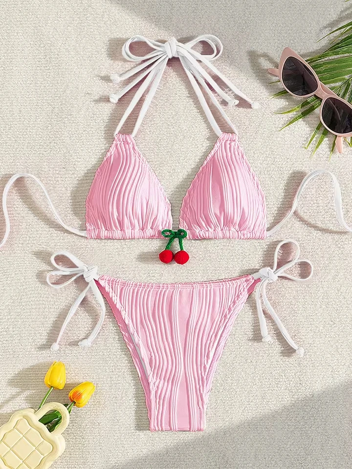 

Vzvn Sexy Cherry Lace Up Brazil Bikinis Women Split Swimsuit Beach Vacation Bikini 2026 All Season Backless Bikinis 2 Piece Set