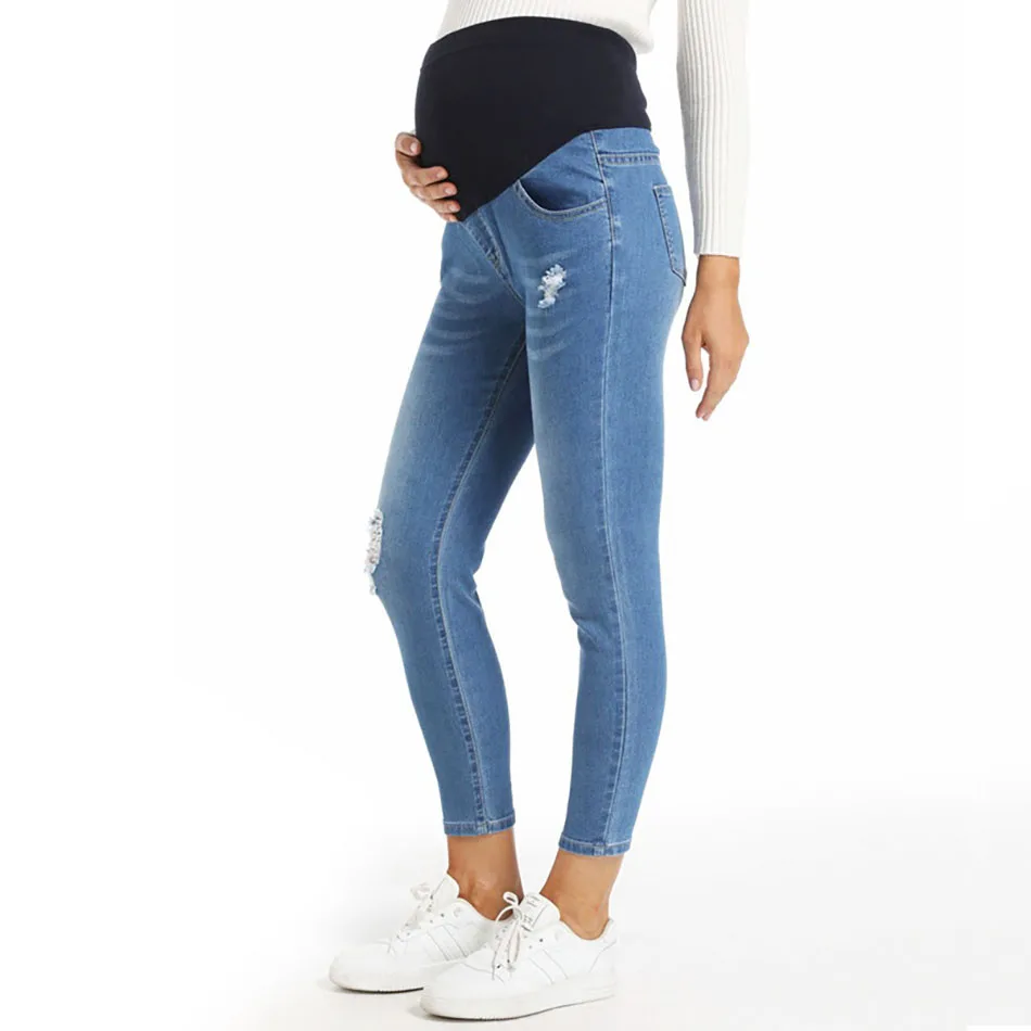 

Maternity Clothings Europe and America Pregnant Women's Light Blue Denim Pants With Holes And Slim Fitting Pencil Pants