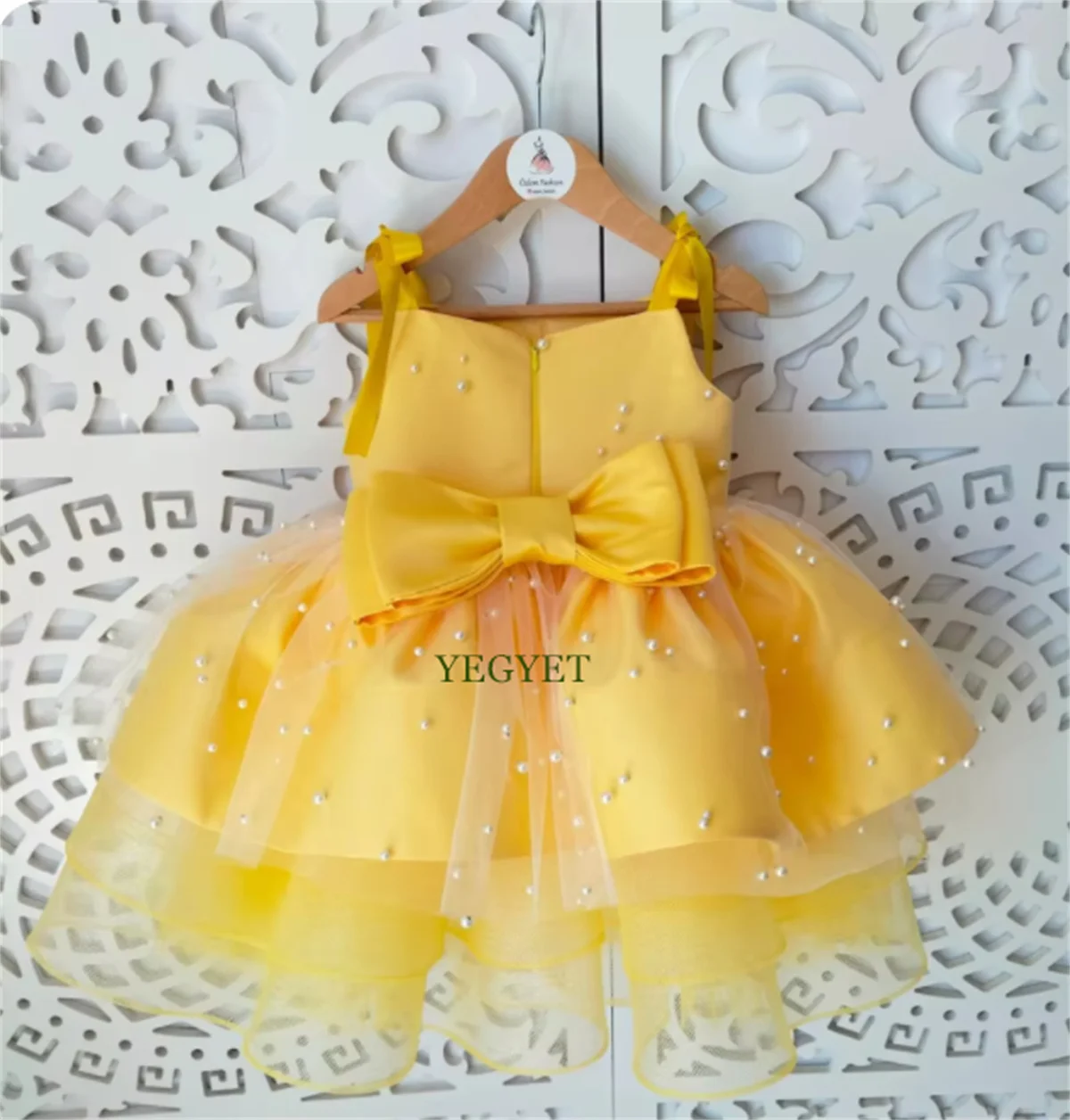 CustCute Yellow Satin Bow Baby Girl Party Dress Photo Shoot Toddler First Birthday Gown Girls Baptism Gifts Baby Gift 12M 24M