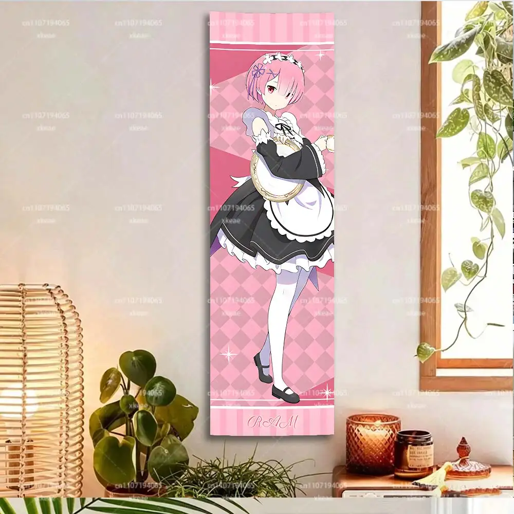 R-Re:Zero R-Ram Vertical Tapestry, Anime Wall Scroll Hanging, Pink Aesthetic Bedroom Decor