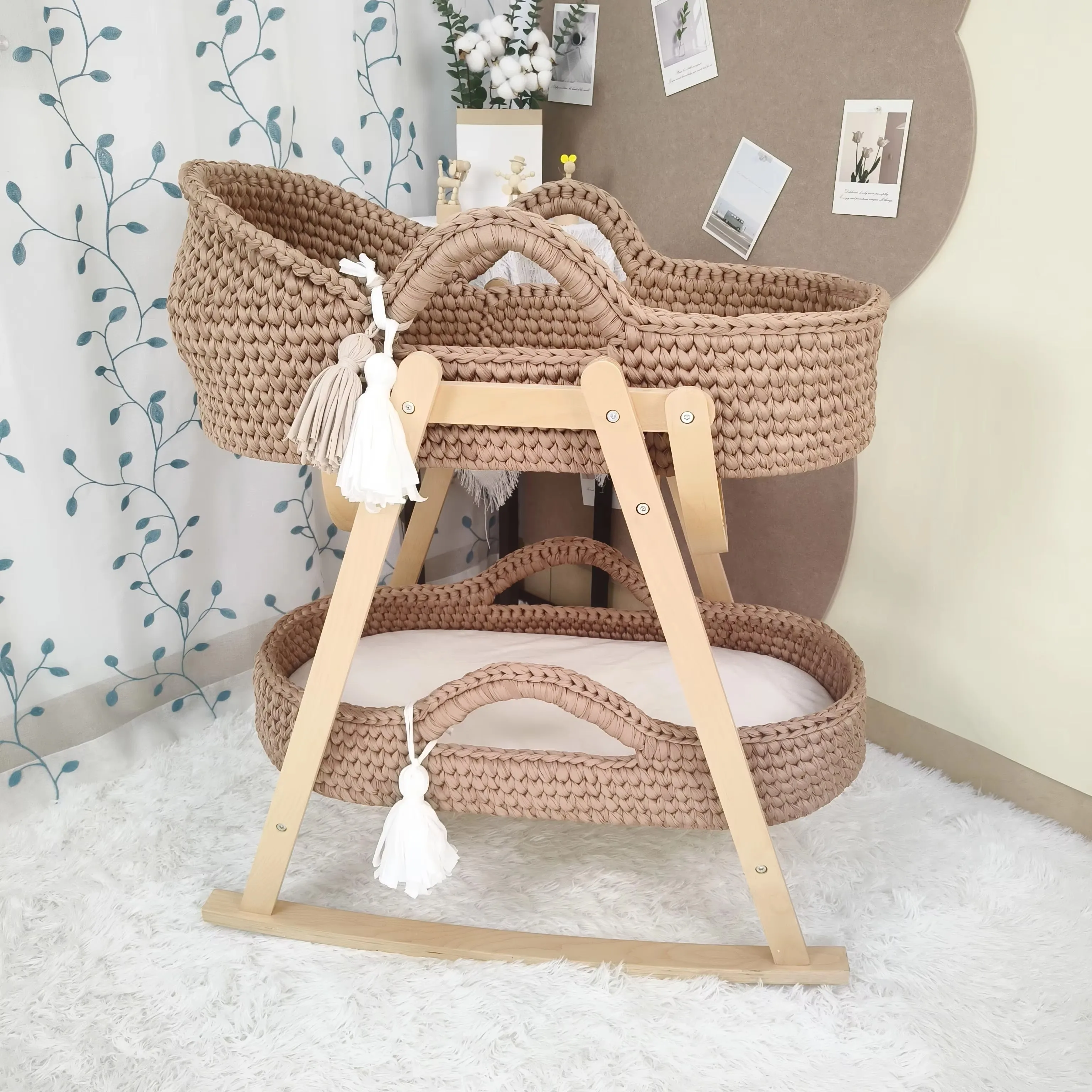 Handwoven Beige Baby Cradle, Crochet Bassinet, Portable Moses Basket, Newborn Lounger, with Wooden Stand and Soft Mattress