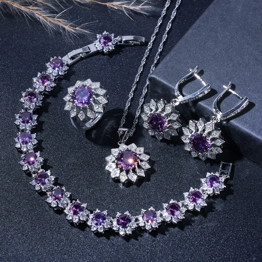 Elegant Purple Zircon Flower Jewelry Set For Women - Includes Bracelet, Earrings, Necklace Ring For Daily Wear & Gifting