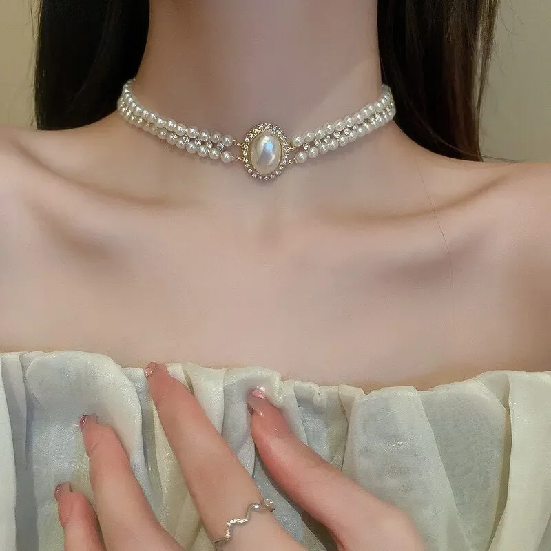Oval Imitation Pearl Rhinestones Double-Layered Ckokers Necklaces Women Light Luxury Temperament Fashion Jewelry Party Gifts N
