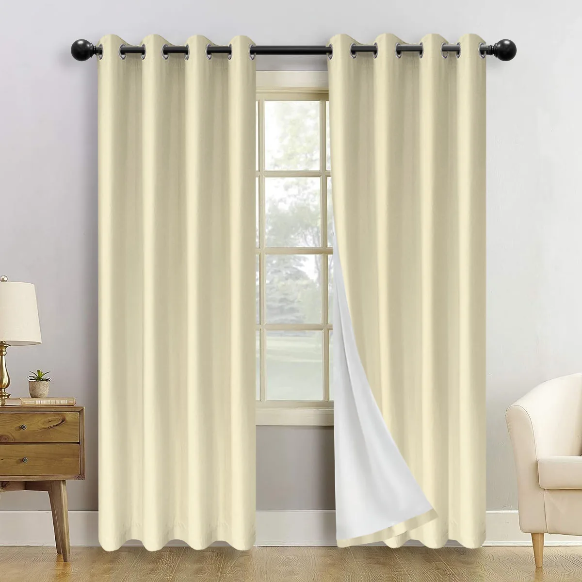 2PCS, Grommet Top, 100% Blackout Heat Insulation Sound Insulation Curtains With White Liner, Suitable For Bedroom  Living Room