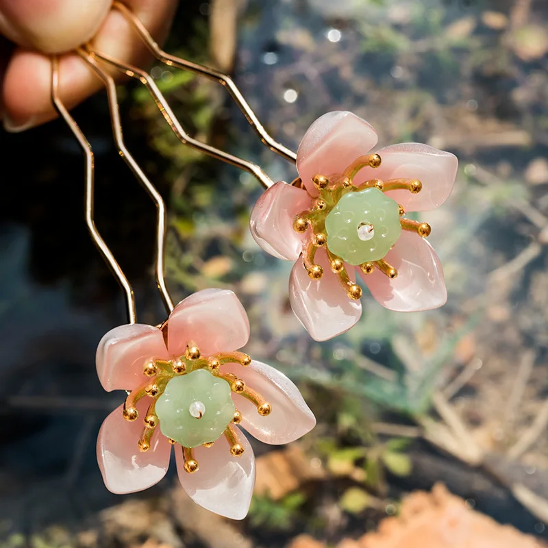 Lotus Hairpin Chinese Hanfu Hair Accessories Pink Floral U-shaped Hair Clip Vintage Wedding Headpeice Hair Jewelry For Women