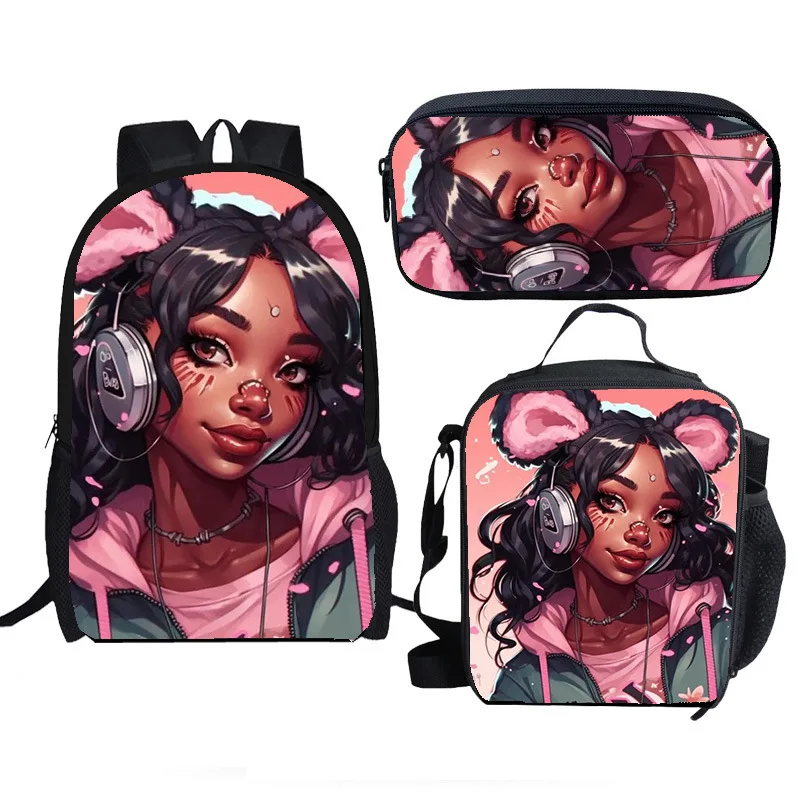 

Cartoon Popular Novelty African girl 3D Printed 3pcs/Set Student School Bags Laptop Daypack Backpack Lunch bag Pencil Case