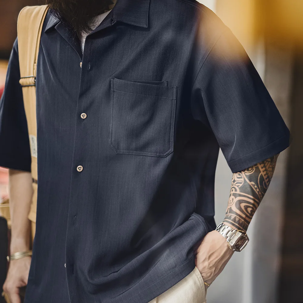 Maden Vintage Cuban Collar Short Sleeve Shirt Men Summer Loose Single-breasted  Solid Color Blouse with Chest Pocket Casual Tops