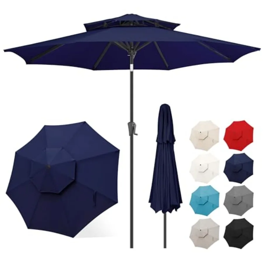 

9ft Patio Umbrella for Garden Deck Backyard Pool and Beach Navy Blue Polyester 2-Tier Outdoor Umbrella with Push Button Tilt Cr