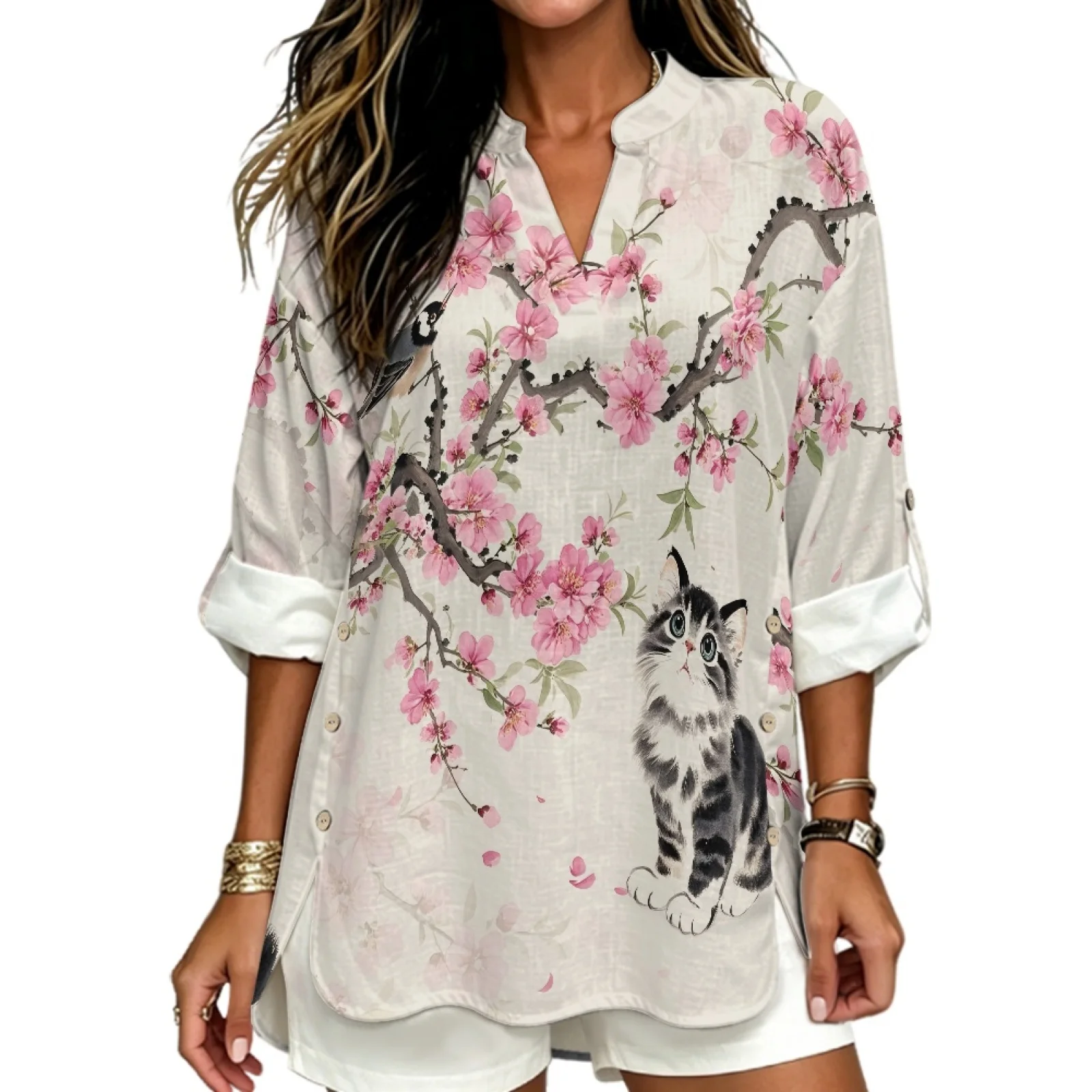 PENSTROLL Cherry Blossom Cat Rolled Cuffed Long Sleeve Blouse for Women Linen Like V Neck Blouse Long Sleeve Blouses