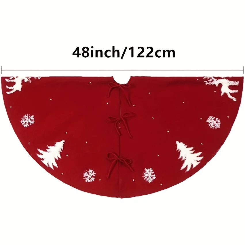 VIKAMA Christmas Tree Skirt Red Wool Texture White Reindeer Tree Snowflake Embroidered Print Non‑Slip Round Xmas Tree Base Mat