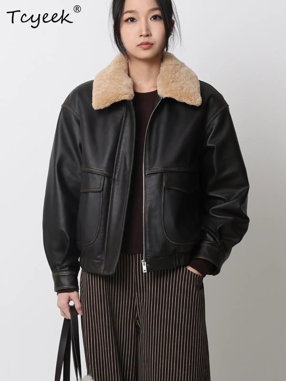 Tcyeek Real Sheepskin Goose Down Coat Autumn Winter Clothes Trendy Loose Fit Women's Genuine Leather Jacket Wool Collar 2026