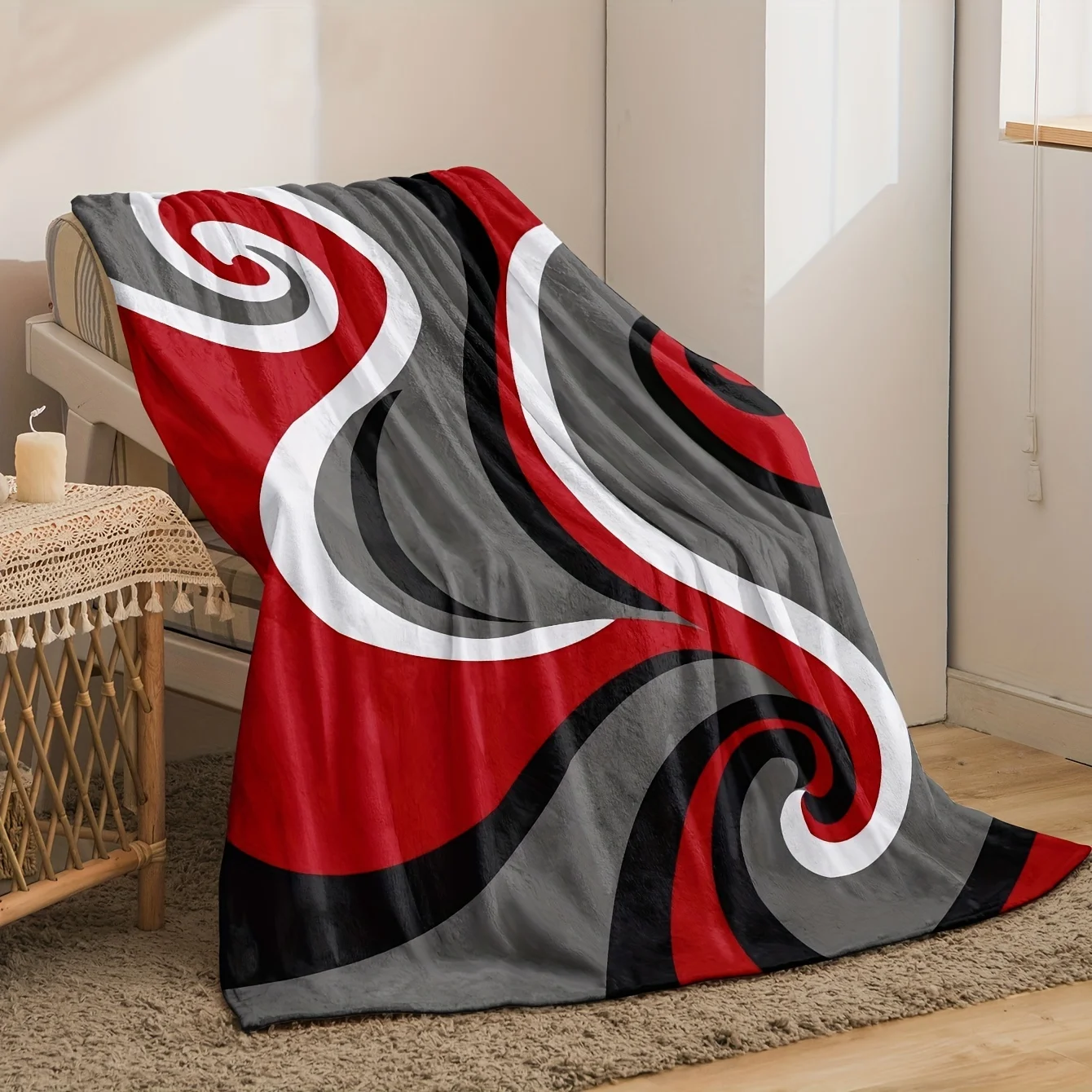 1pc Luxurious Red Gray Black Swirls Flannel Blanket - Ultra Soft, Cozy, and Warm Throw for Couch, Bed, Sofa, Camping, and Travel