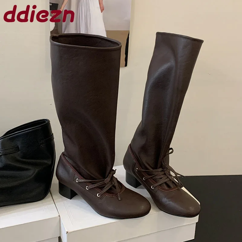 

Женские сапоги до колена с круглым носком и квадратным каблуком, модные женские современные высокие сапоги на шнуровке, туфли-лодочки