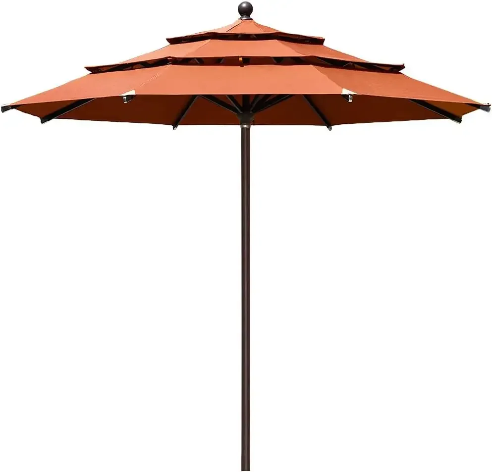 10-Year-Non-Fading 11Ft 3 Tiers Market Umbrella Patio Outdoor Cylinder Auto Push-up Table Umbrella with Ventilation, Rust