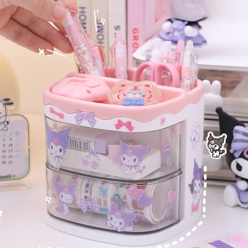 Miniso Sanrio Pen Holder Stand Storage Box Organizer Kuromi Cinnamoroll Melody Sticker Decor Stationary Cute Sanrio School Gift