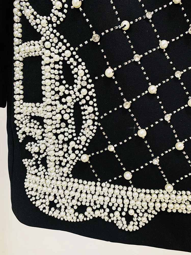 Vestido Blazer negro con cuentas de perlas y diamantes para mujer, cuello chal de diseñador de moda, impresionante, alta calidad, 2024