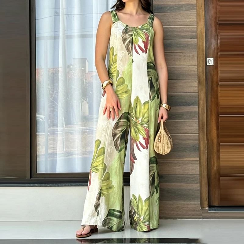 Retro Print Backless Office Commute Romper Temperament Straps Off Shoulder Jumpsuit New Elegant Sleeveless Straight Leg Playsuit