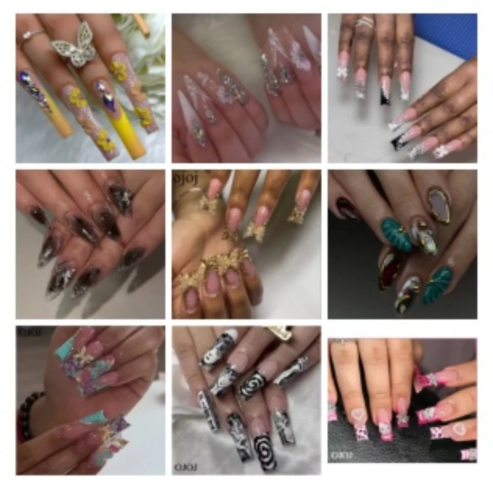 OJOJ Langer Sarg, schwarz, glänzend, Strass, Schmetterling, zum Aufdrücken der Nägel, vollständige Abdeckung, Acryl-Ballerina-Kunstnägel, mehrere Größen, stark