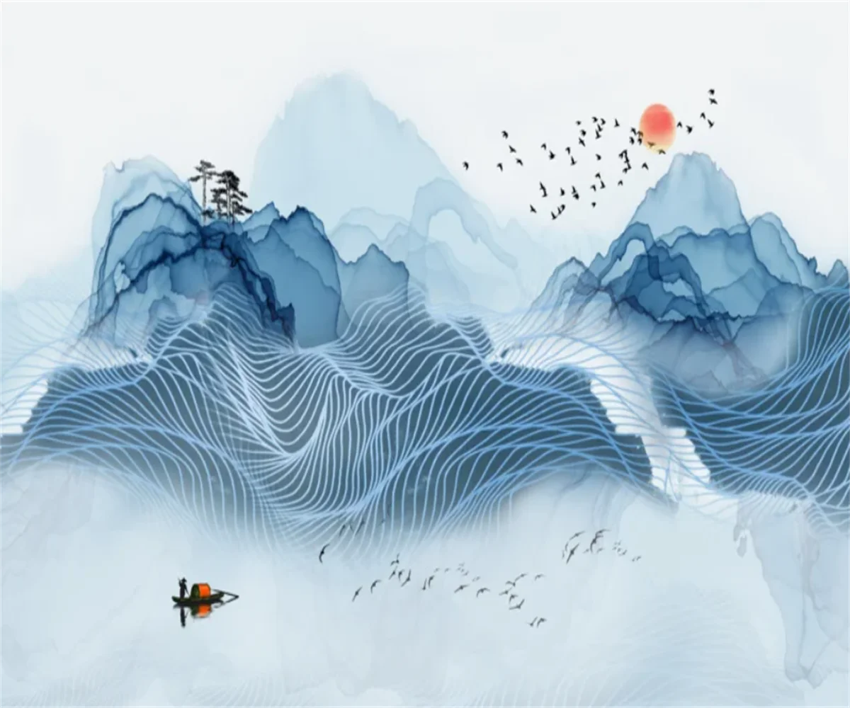 

Китайский пейзаж с туманом и птицами, декоративная картина, самоклеящийся материал, индивидуальный размер, 3D-обои, рельефная масляная живопись