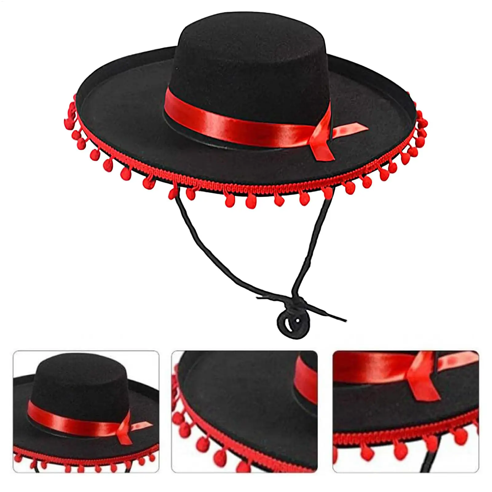 Sombrero Mexicano de Fieltro para Adultos, Sombrero de Fiesta, Disfraz de Flamenco con Pompones, Accesorios de Disfraz Español para Fiestas