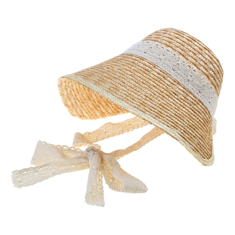 50JB Women French Straw Hat Laceup LolitaStyle Sun Protective Hat Large Brim Headwear