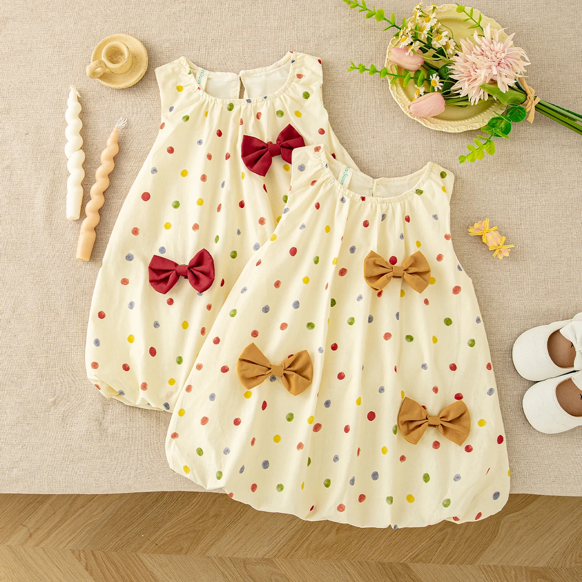 

Baby Girl Dress Summer Cotton Bow Colored Polka Dot Sleeveless Girls Dresses Cartoon Cute Beach Baby Girl Clothing