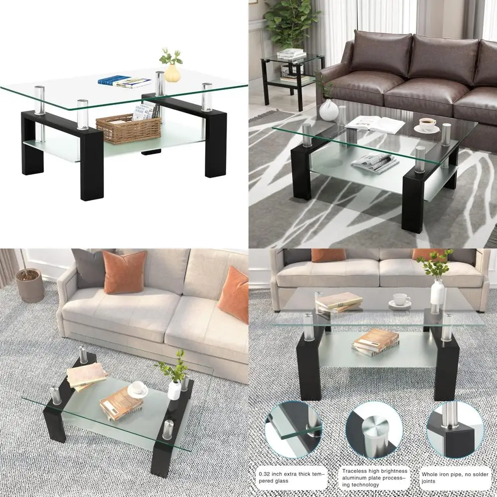 

Modern 2-Tier Glass Coffee Table with Rectangular Design for Living Room, Black Contemporary Side Table
