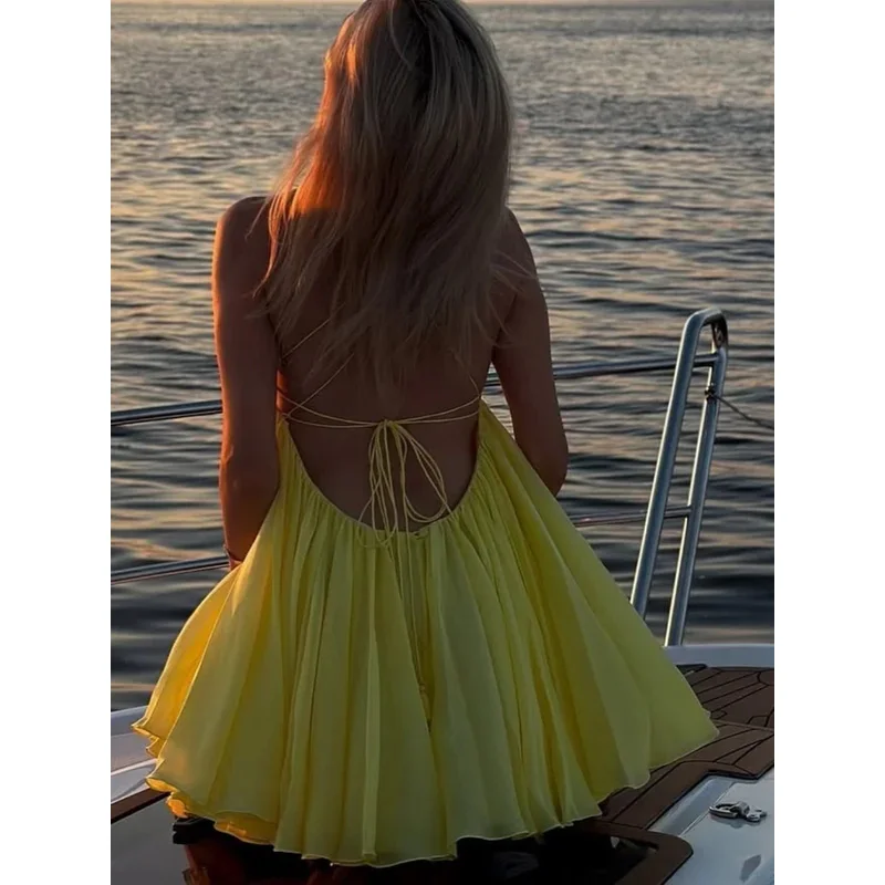 

Sexy Chic Women's Yellow Solid Mini Prom Gown Suspender Dress Summer Holiday Club Short Dress Fashion Pleated